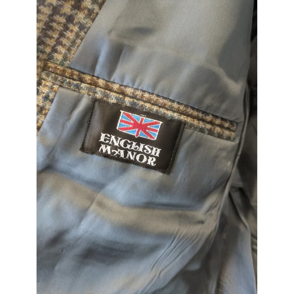 English Manor Blazer Men's 41R Brown Blue Plaid Wool Tweed Sport Coat Jacket